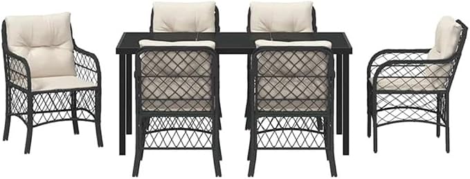 Afuera Living 7 Piece Poly Rattan Patio Dining Set, Powder-Coated Steel Frame, Black Finish, Cushioned Seating, Tempered Glass Tabletop, Weather-Resistant Outdoor Furniture for Garden or Patio Dining