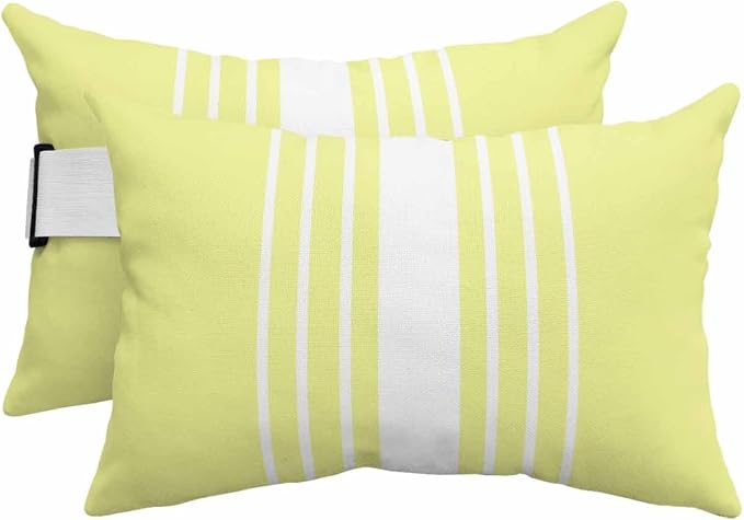 Chaise Lounge Chair Pillow with Strap & Insert Yellow Vertical Stripes Outdoor Recliner Head Pillow Pack of 2 Classic Striped Waterproof Headrest Patio Lumbar Pillow for Beach Pool Office Chair 12x20
