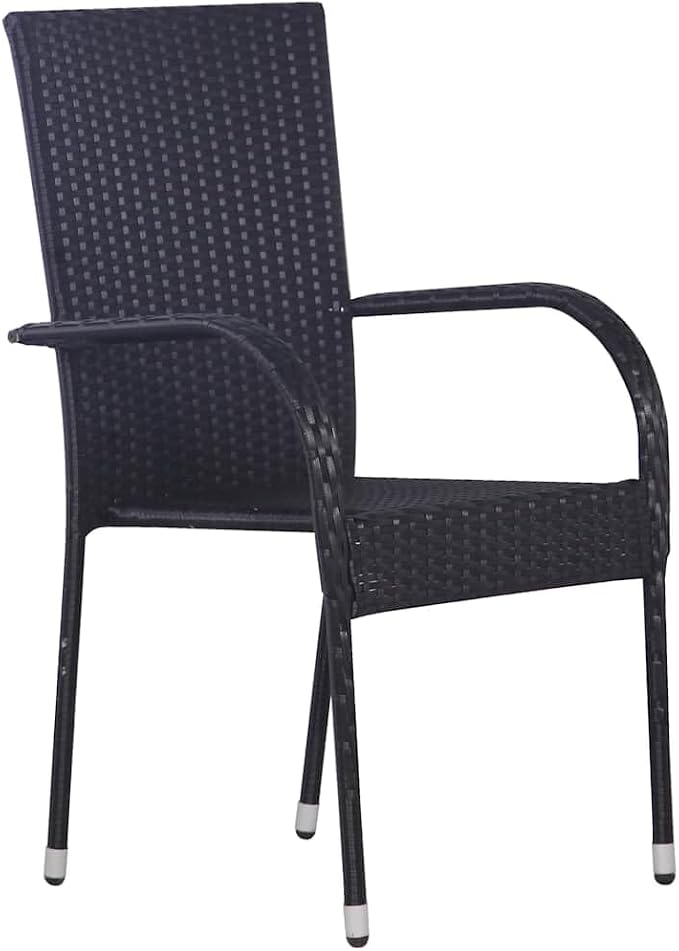 3 Piece Garden Dining Set, Black PE Poly Rattan Outdoor Furniture with Glass Top Table and 2 Stackable Chairs, Rectangular Small Patio Bistro Set for Balcony, Backyard and Terrace