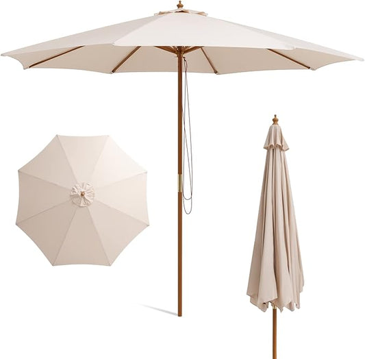 HAPPYGRILL 10 FT Wooden Patio Umbrella with Rope Pulley Lift, 8 Bamboo Ribs, 3 Adjustable Heights, Vented Roof, Outdoor Table Umbrella for Garden Poolside Backyard