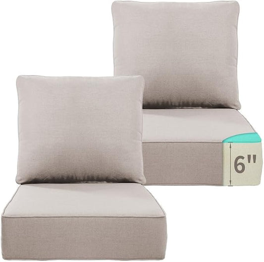 Luxury 22*24*6in Outdoor Patio Cushions, 2 Pieces Beige Outdoor Cushion | 6'' Thick Outdoor Cushions, Water-Resistant, Reversible, Removable Cover, for Patio Chairs Sofa Couch Loveseat