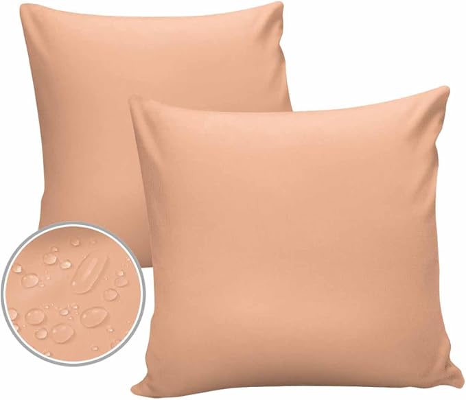 Outdoor Waterproof Throw Pillow Covers 18x18in, Peach Pink Cushions for Garden Patio Furniture Chairs Set of 2, Minimalist Solid Color Home Decor Couch Sofa Polyester Pillow Cases