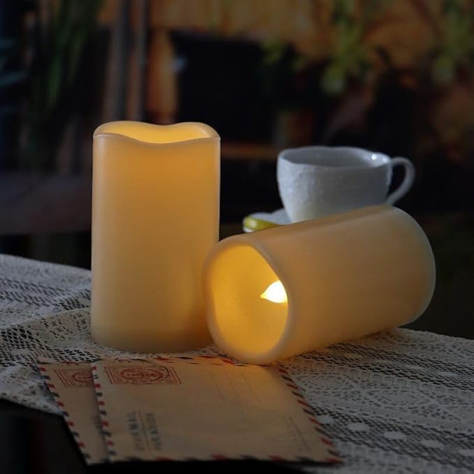 iZAN Outdoor Indoor Flameless Candles with Timer Waterproof Plastic Realistic Flickering Battery Operated LED Pillar Candles Long Lasting 1500 Hours Battery Life 3x5 inch Waved Edge 2-Pack