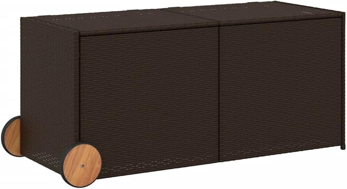 74.8 Gal Outdoor Storage Box with Wheels, Patio Rattan Deck Box, Wicker Garden Storage Bin Deck Box, Poly Rattan Patio Storage Chest with Hinged Lid, 50"x21.7"x22"/23.4" Brown