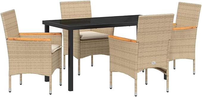 5 Piece Outdoor Dining Set, Beige Poly Rattan Patio Table and 4 Chairs, Garden Furniture Set with Washable Cushions and Tempered Glass Tabletop