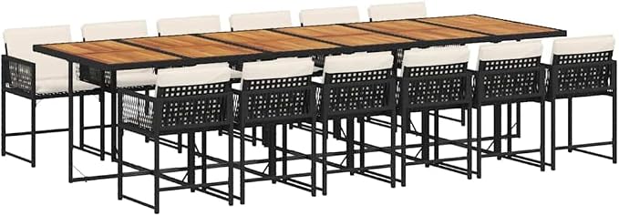13 Piece Patio Dining Set with Cushions Black Poly Rattan Outdoor Garden Table and 12 Folding Chairs for Backyard Porch Lawn Entertaining UV-Proof Foldable Removable Washable White Seat Pads