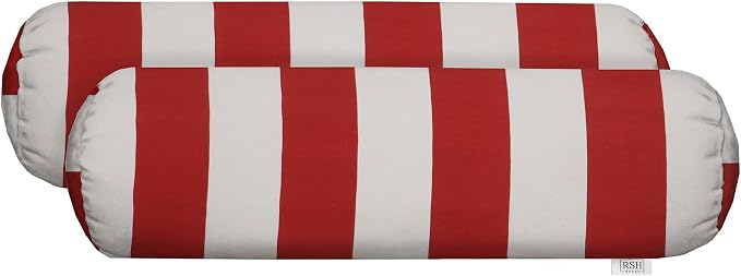 RSH Décor Neck Roll Bolster Pillows – Set of 2 | 20” x 6” | Outdoor Throw Pillows for Patio Furniture, Porch, Deck, or Poolside Chairs | Water & Fade-Resistant | Red & White Stripe