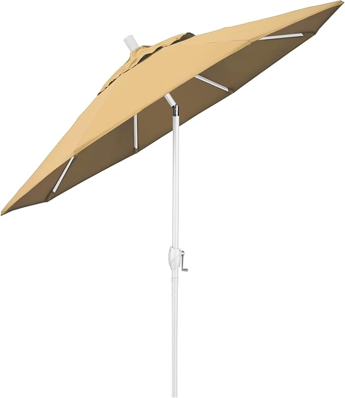 California Umbrella 7.5' Round Aluminum Market Umbrella, Crank Lift, Push Button Tilt, White Pole, Champagne Olefin