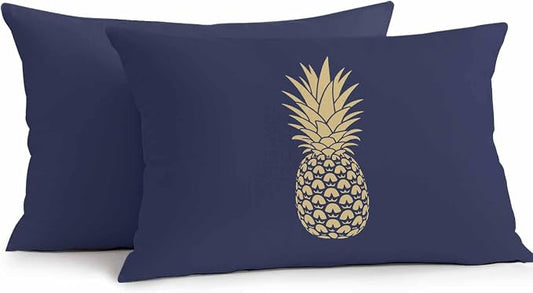 Yellow Pineapple Outdoor Waterproof Pillow Covers, Summer Fruits Navy Blue Decorative Rectangle Throw Pillowcase Sofa Cushion Sham for Patio/Couch/Chair, 20"x12" 2 Pack