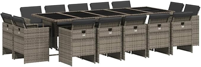 15 Piece Patio Dining Set with Cushions Gray Poly Rattan Outdoor Furniture Table and 14 Chairs for Garden Backyard Porch Dining Tempered Glass Foldable Seats Space Saving UV Proof 242. 5lb Capacity