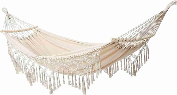 Canvas Hammock, 2 Person Foldable Hanging Swing Hammock with Tassels for Beach Yard Bedroom Patio (White)