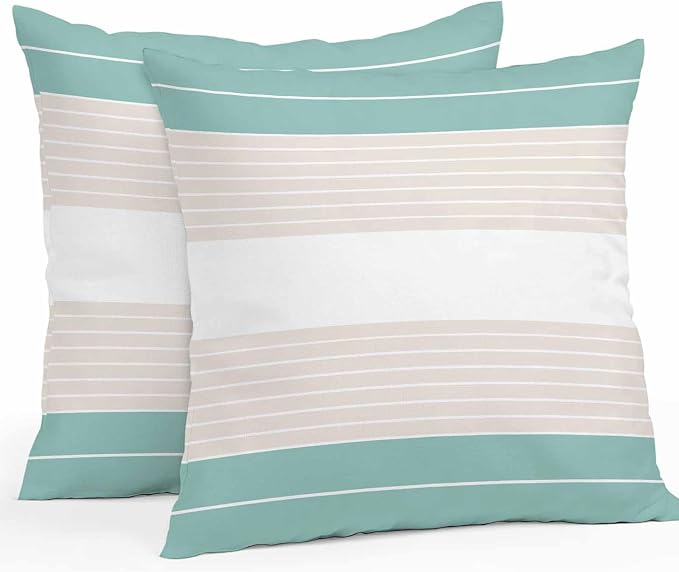 Turquoise Beige Stripe Waterproof Outdoor Pillow Covers Set of 2 Home Decor, Modern Art Horizontal Striped Pillowcase Patio Pillow Covers for Couch Bench Furniture Garden 18x18in