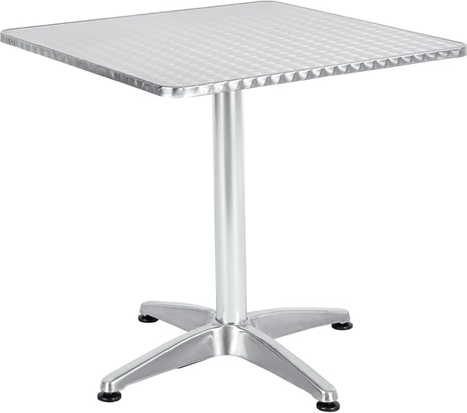 BTEXPERT Indoor Outdoor Restaurant Stainless Steel Aluminum + 3 Silver Gray Metal Slat Stack Commercial Lightweight, 3 Chairs with a 27.5" Square Table