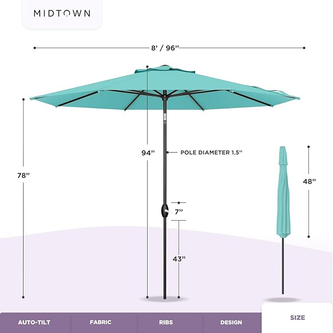 Midtown Umbrellas 10-Year-No-Fade - 8 Ft - UV Proof Black/White Stripes Fabric - Umbrella Outdoor Patio, Auto-Tilt Aluminum Frame Patio Umbrella for Garden, Pool & Deck - Black Pole
