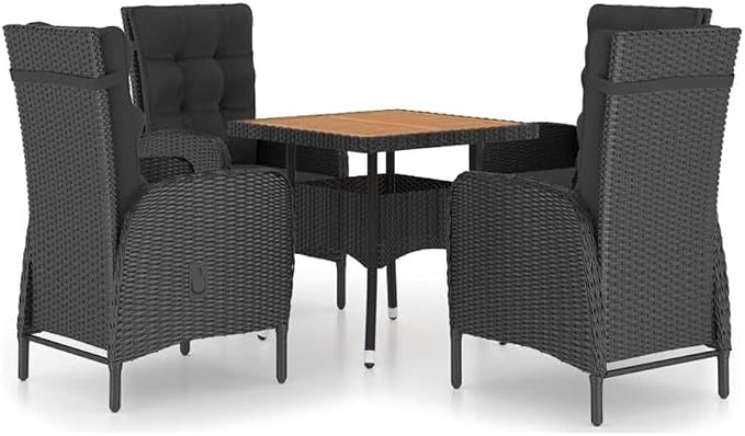 Afuera Living 5-Piece Patio Dining Set, Black Poly Rattan, Acacia Wood & Steel, Includes Rectangular Table & 4 Armchairs, UV/Water Resistant, Ergonomic Curved Backrests, Modern Garden or Terrace