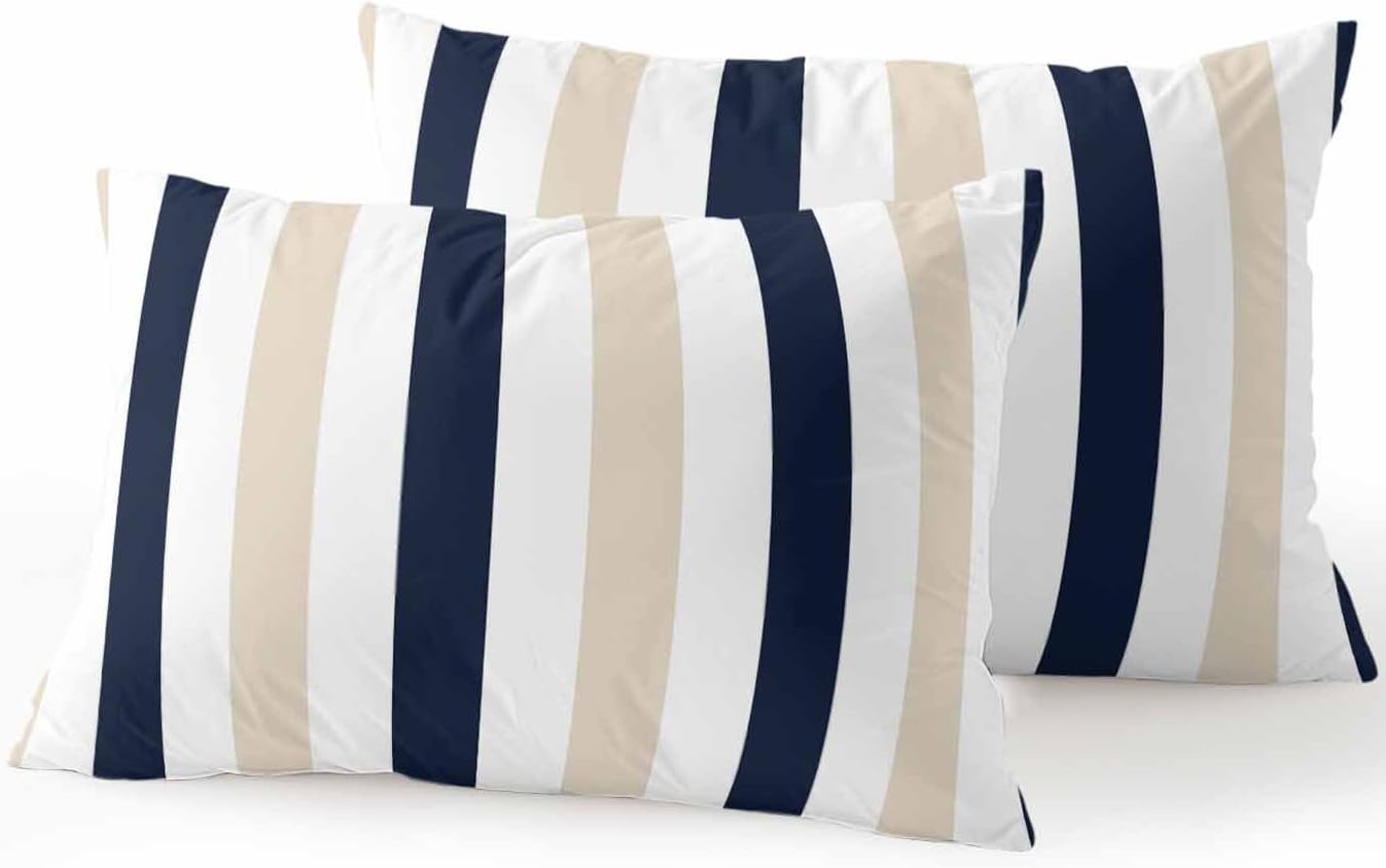 Outdoor Pillows Waterproof, Beige Navy Blue Striped Bedding Throw Pillows with Insert for Couch Sofa Bed, Farmhouse Stripe Art 12x20 Inch Pillowcases Decorative Camping Patio Pillow Set of 2
