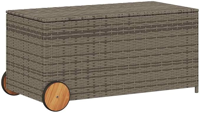 Large Grey PE Rattan Deck Box 21.7x42.1x20.9 in Outdoor Storage Chest 50 gal Portable Patio Bin with Wheels UV Safe Frame for Garden & Terrace Use