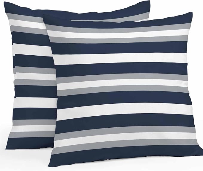 Navy Blue Grey Striped Outdoor Pillow Covers Waterproof, All Weather Cushion Case Set of 2, Farmhouse Stripes Minimalist Decorative Pillowcases for Sofa Couch Bed Decor Patio Furniture 16"x16"