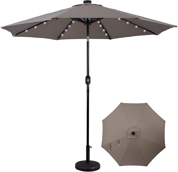 Backyard Expressions 9ft Solar Patio Umbrella with 32 LED Lights - Beige – Outdoor Market Umbrella with Tilt & Crank, Solar-Powered Lighting