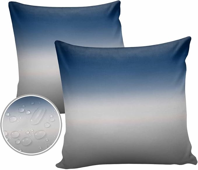 Outdoor Waterproof Throw Pillow Covers Set of 2 Blue Grey Ombre Pillowcases 16x16 Inches Gradient Gradual Color Patio Decorative Pillows Cushion Case Patio Pillows for Couch Bed Chair Garden