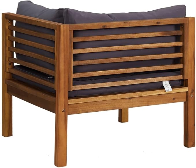 Sectional Corner Sofa with Dark Gray Cushions, Solid Acacia Wood Single Corner Sofa Chair, Outdoor Conversation Set Sectional Sofa Chair for Porch, Deck, Backyard,-425