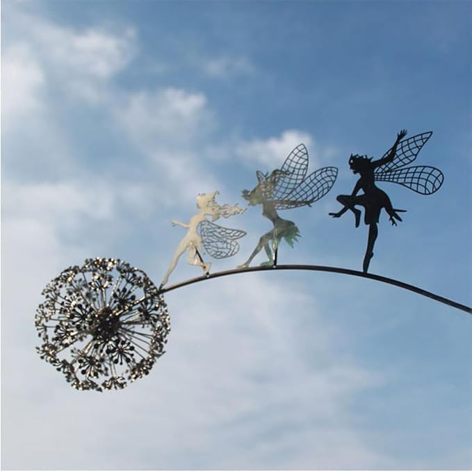 Fcteap Flower Fairy Dancing with Dandelion Garden Art Sculpture Stainless Steel Statue Christmas Halloween Decoration for Outdoor Yard Courtyard Lawn Patio Metal Ornaments (Three Persons)