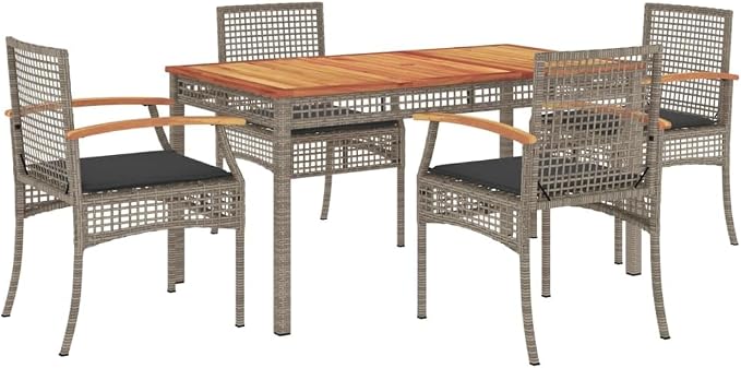 5 Piece Patio Dining Set Gray Poly Rattan Outdoor Furniture with Solid Acacia Wood Top Table and 4 Cushioned Chairs for Backyard Porch and Garden - Gray