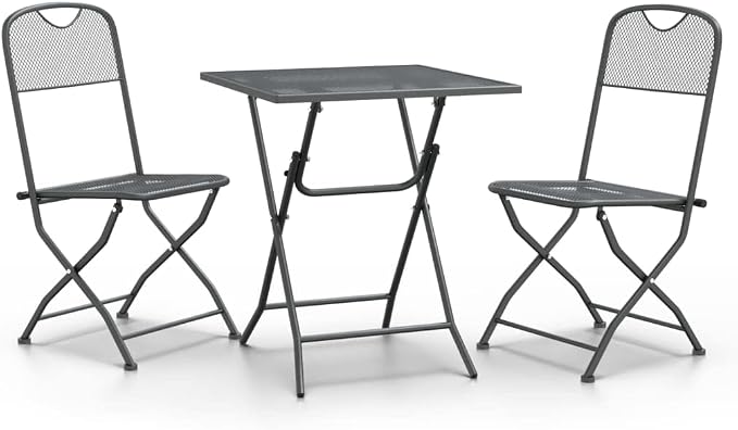 3 Piece Patio Dining Set with Expanded Metal Mesh and E-Coating Finish, Foldable Outdoor Table and Chairs in Anthracite