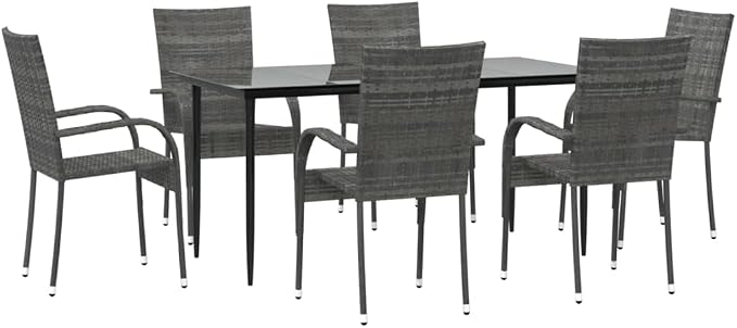 7 Piece Patio Dining Set Gray Poly Rattan Outdoor Furniture with Tempered Glass Tabletop and Stackable Chairs