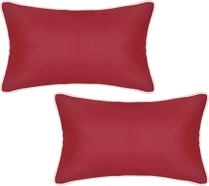 Set of 2 Leather Waterproof Lumbar Pillow Covers 12x20 Inch Fadeproof Outdoor Rectangle Pillowcase Durable Cushion Sham Decorative for Garden Patio Tent Balcony Bench Sofa, Burgundy