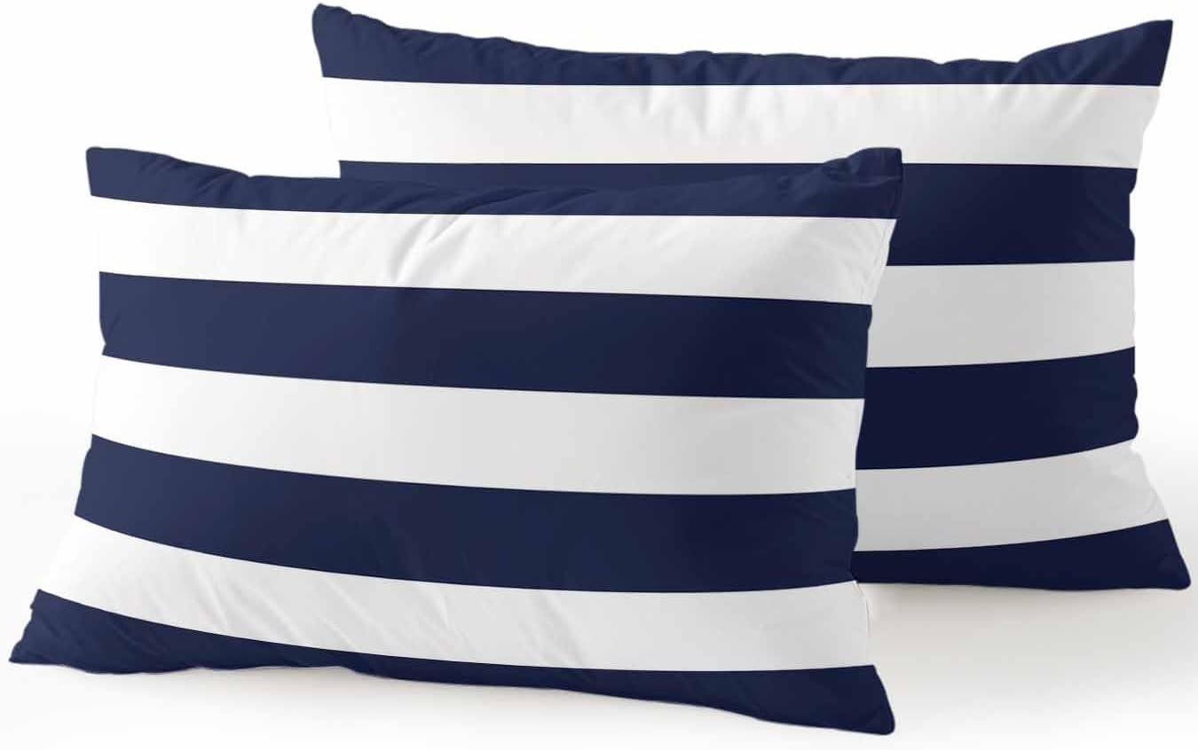 Waterproof Outdoor Pillow Set of 2 Navy Blue Stripe Decorative Throw Pillows Cover & Insert 20x12 Inch Lumbar Pillowcase Simple Style White Striped Pillows for Couch Sofa Bed Patio Furniture