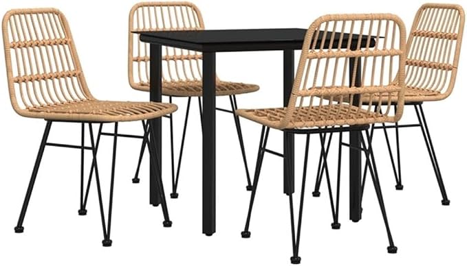 BOWERY HILL 5-Piece Poly Rattan Patio Dining Set, Black Powder-Coated Steel, Tempered Glass Tabletop, Compact 31.5 in x 31.5 in Table, Outdoor Garden Furniture for Relaxed or Classy Entertaining