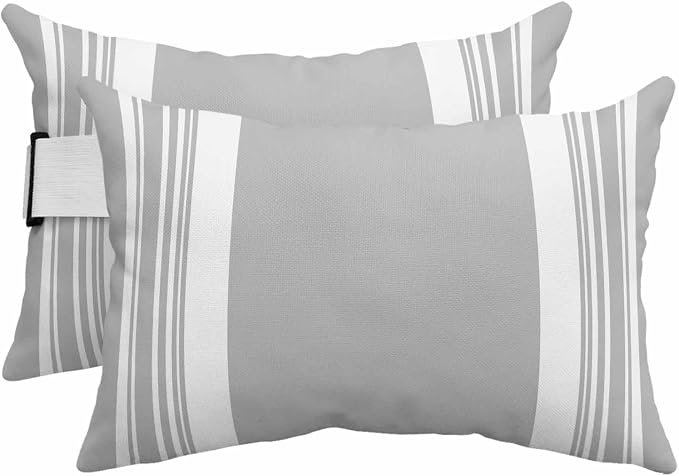 Outdoor Lumbar Pillow Set of 2, Farmhouse Grey Waterproof Beach Headrest Pillow with Inserts, Aesthetic Modern Line Striped Recliner Throw Pillows for Patio Furniture, 12 x 20