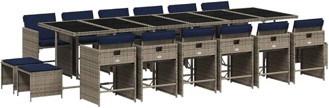 17 Piece Garden Dining Set, Patio Furniture with Foldable Chairs and Stools, PE Rattan Table and Chairs for Backyard and Outdoor Space, Grey
