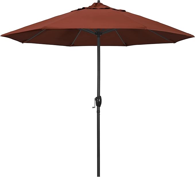 California Umbrella 12-Year Protection 9' Rd Aluminum Patio Umbrella, Crank Lift, Auto Tilt, Black Finish, Sunbrella Terracotta