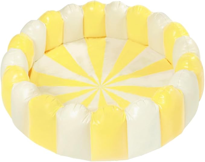 Petites Pommes Striped Inflatable Pool Kids & Toddlers - Handprinted Classic Foldable Swimming Pool - Durable, BPA-Free PVC Kiddie Pools with Repair Patch & Storage Bag, Light Yellow, 63 x 18 Inch