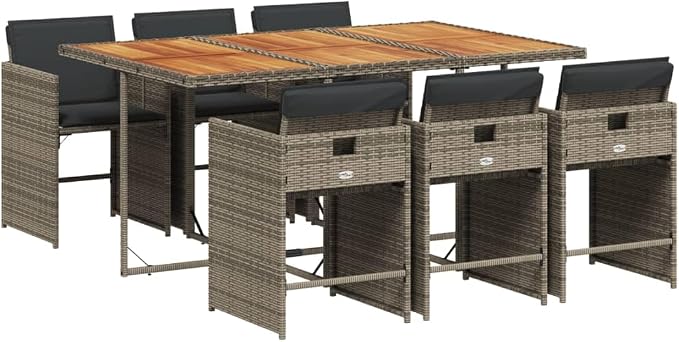 7 Piece Patio Dining Set, Outdoor Garden Rattan Table and 6 Chairs with Foldable Backrest, Space-Saving Cube Furniture for Backyard, Porch, Deck, Grey