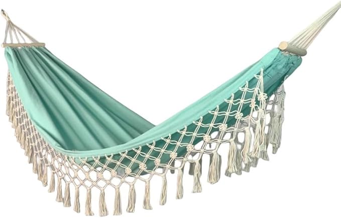 Outdoor Leisure Hammock with Tassels, Garden Anti-Rollover Swing with Storage Bag, for Travel/Camping/Beach, Load Bearing 150kg/330.7lbs(Green)
