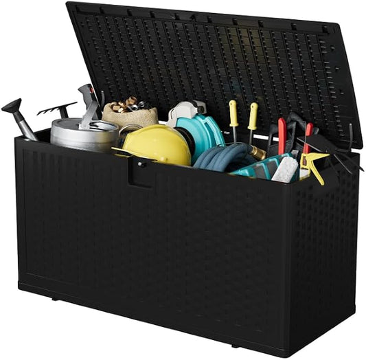 150 Gallon Outdoor Storage Box, Large Waterproof Resin Deck Box Indoor and Outdoor Use, Lockable Patio Storage Box for Garden Cushions, Tools, Equipment, Black