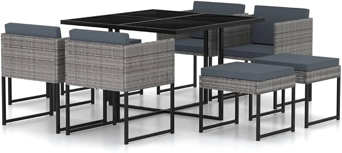 9-Piece Patio Dining Set, 8-Person Gray PE Rattan Outdoor Sectional Furniture with Tempered Glass Table, 4 Chairs, 4 Stools, and Anthracite Thick Cushions for Backyard, Garden and Porch