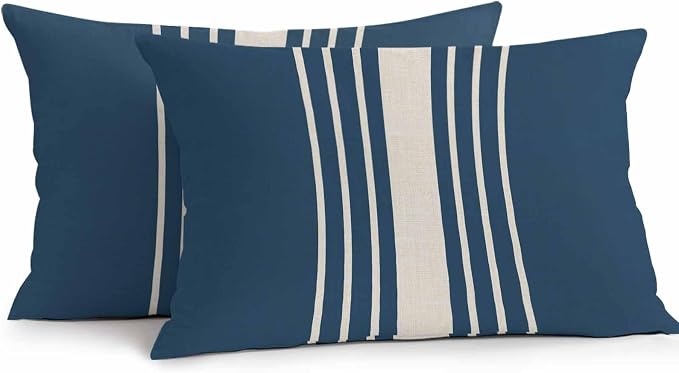 Vandarllin Outdoor Throw Pillows Covers 20x12 inch Set of 2 Waterproof Navy Blue Vertical Stripes Decorative Zippered Cushion Covers for Patio Furniture, Classic Striped Linen Lumbar Pillowcases