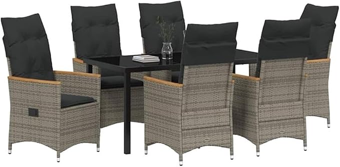 Afuera Living 7 Piece Poly Rattan Patio Dining Set, Gray Finish, Steel Frame with Powder-Coated Coating, Tempered Glass Table, Removable Cushioned Seats, Modern Outdoor Furniture for Garden or Patio