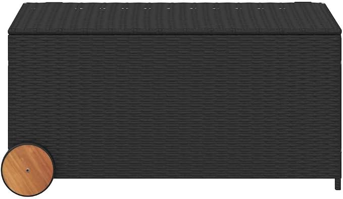 42x22x21 inch Garden Storage Box Black PE Rattan Outdoor Deck Box with Wheels for Patio, Balcony & Lawn Furniture, 50 gal Storage Chest for Cushions, Tools, Toys