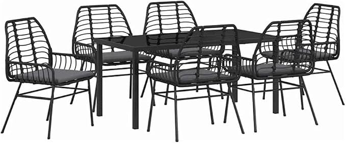 Afuera Living 7 Piece Poly Rattan Garden Dining Set, Black, Weather-Resistant Patio Furniture with Glass Table Top, UV Protection, Comfortable Armrest Seating, Modern Outdoor Dining for Garden or