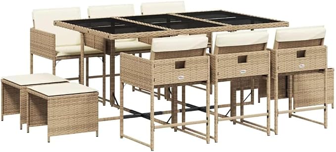 11 Piece Patio Dining Set with Cushions Beige Poly Rattan Outdoor Dining Table and 6 Chairs with Foldable Backrest, Space-Saving Glass Tabletop Garden Furniture Set for Backyard Cream White Cushions