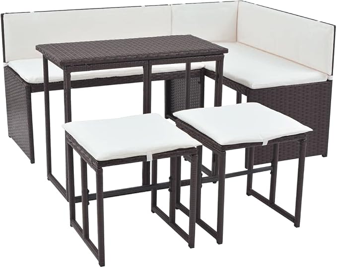 5-Piece Brown Rattan Patio Dining Set with Cushions | Includes modular sectional seating and a rectangular table with cream cushions, ideal for garden and balcony.