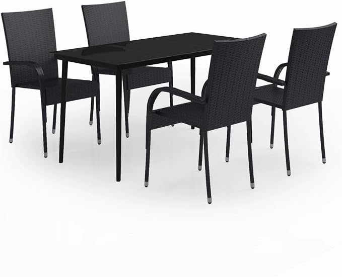 5 Piece Patio Dining Set Black Outdoor Dining Table and Chairs Set with Glass Top Steel Frame for Backyard Lawn Garden Porch BBQ