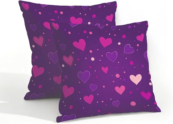 18x18 Inch Outdoor Pillow Covers Set of 2 Waterproof Throw Pillow Covers Decorative Couch Cushion Covers Hearts Dots Pink Purple Square Pillowcases Protectors for Patio Garden Sofa