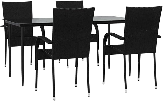 5 Piece Patio Dining Set, Outdoor Wicker Table and 4 Stackable Chairs, Weather-Resistant Poly Rattan Furniture for Garden, Backyard, and Poolside, 63 Inch Table