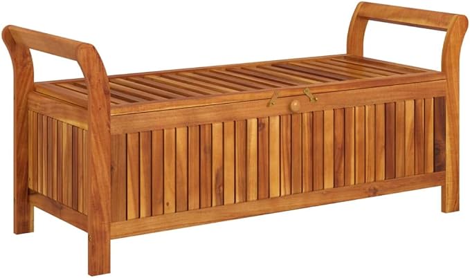 Wooden Outdoor Patio Storage Bench Large Deck Box with White Cream Cushion 49.6"x19.7"x23.6" Solid Wood Acacia Storage Box Deck Box with Seat for Garden, Balcony, Porch, Pool,Yard